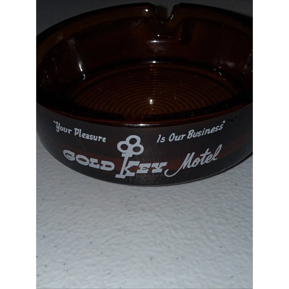 Gold Key Motel Smoky Glass Ashtray  Vintage Motel Barware 3.5